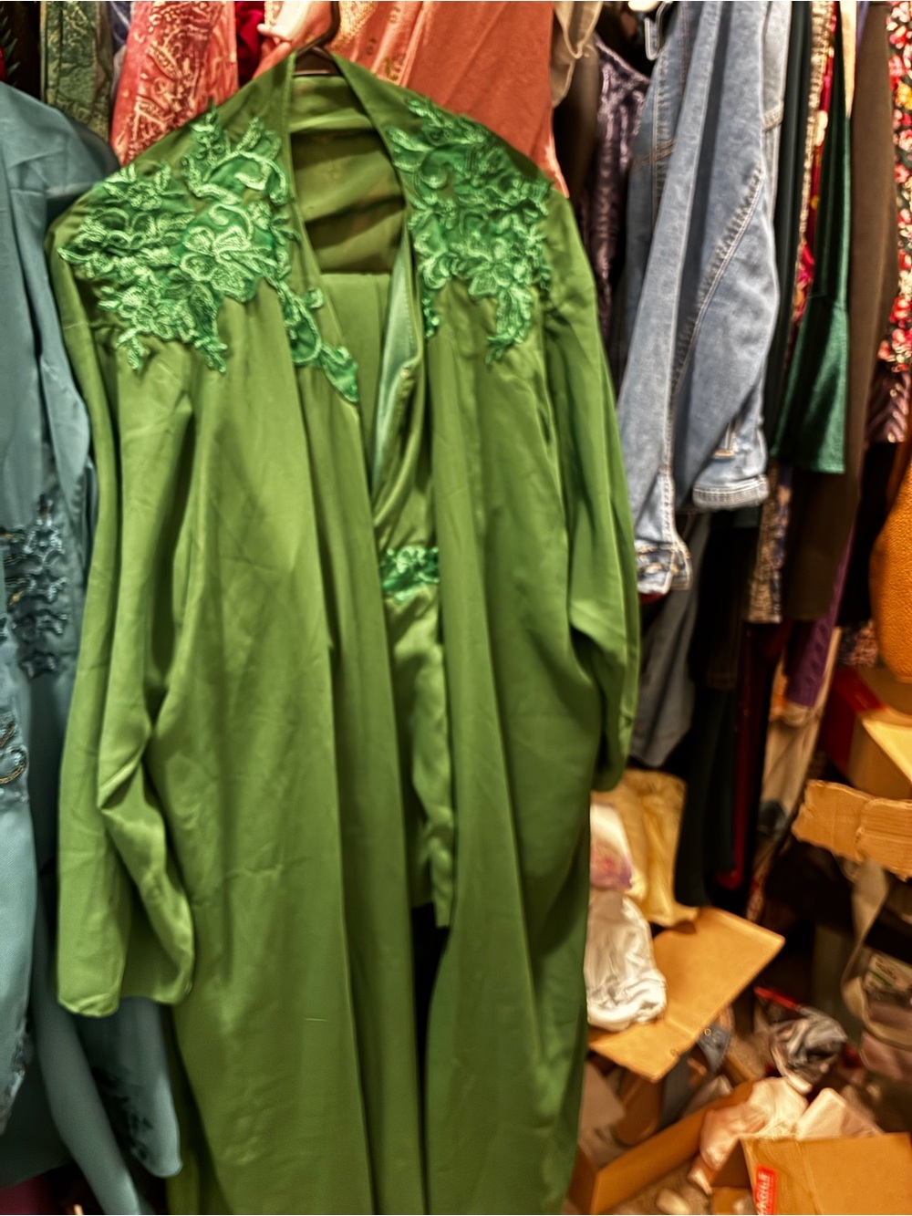 Green Embroidered Satin Robe - Women Pants & Jumpsuits